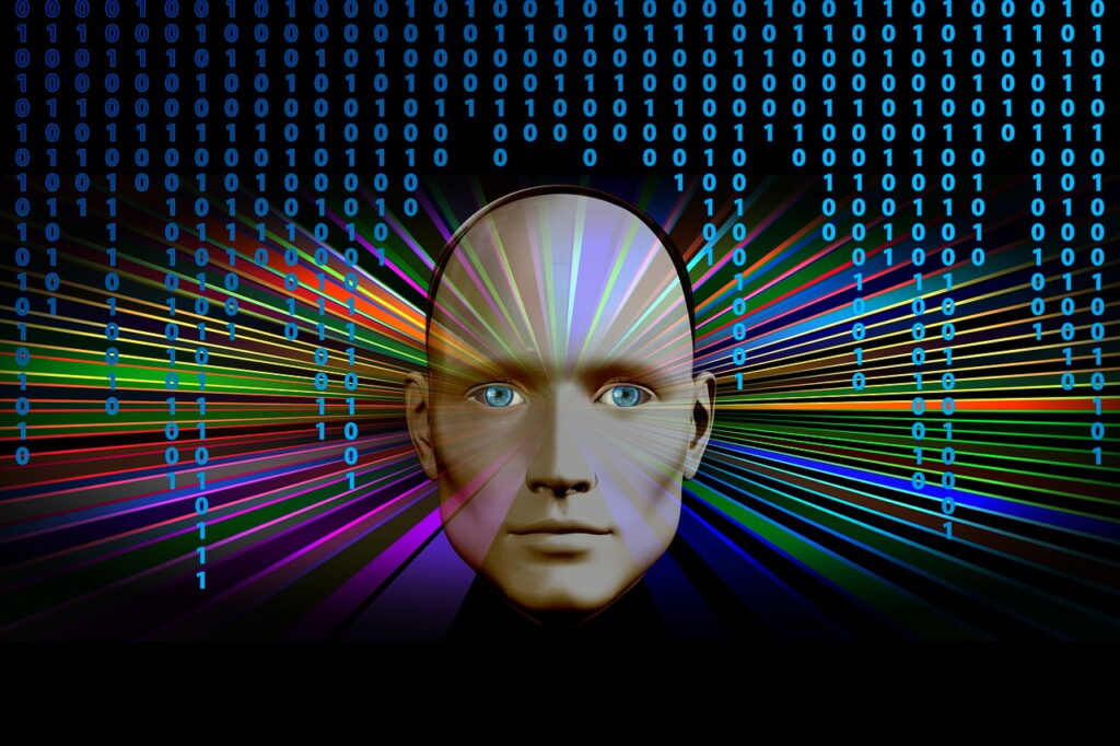 AI技術の開発と未来を象徴するホログラフィックなディスプレイ