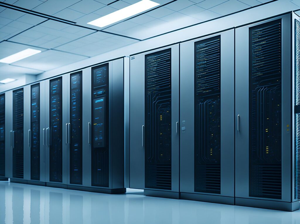 大規模なデータ処理やデジタル情報を表すサーバーのイメージ