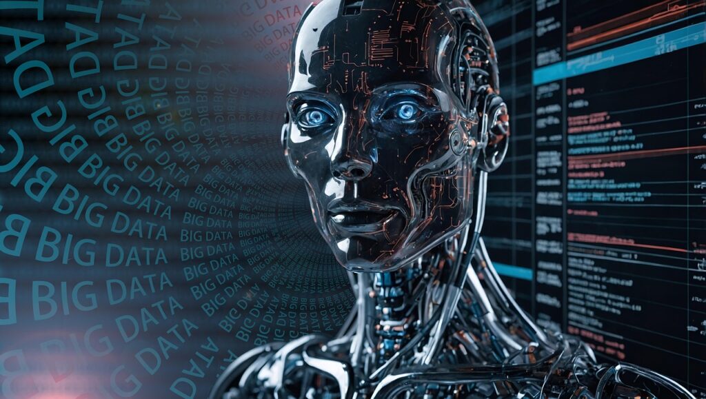 クラウドコンピュータとAIのタスク処理をイメージした先進的な画面インターフェース