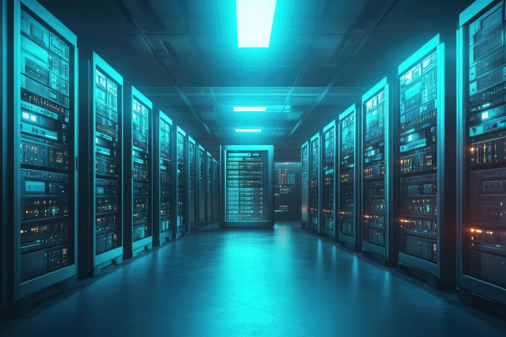 サーバーとデータセンターのデジタルインフラを示すイメージ