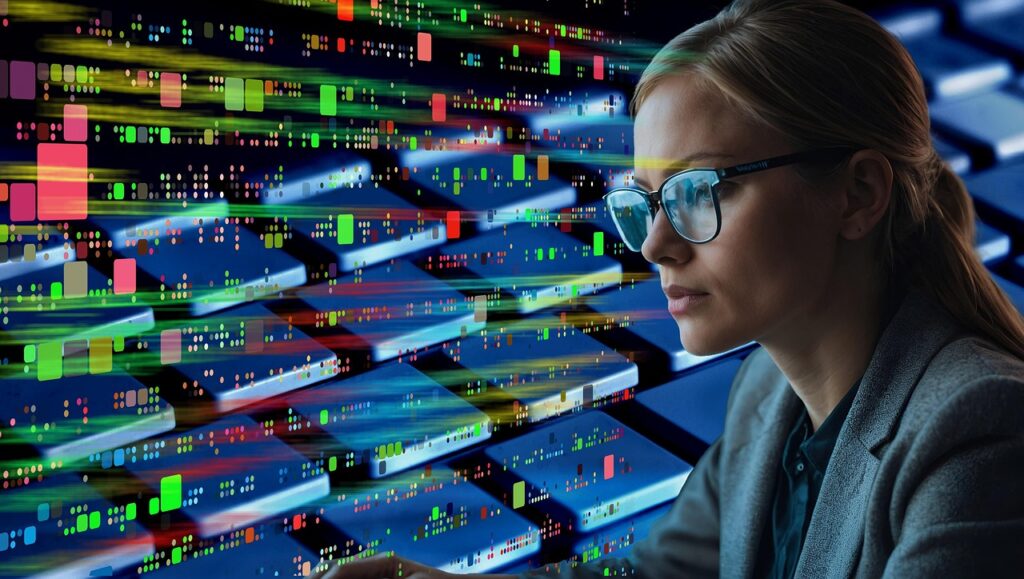 サーバー監視画面とネットワークセキュリティを表現したイメージ