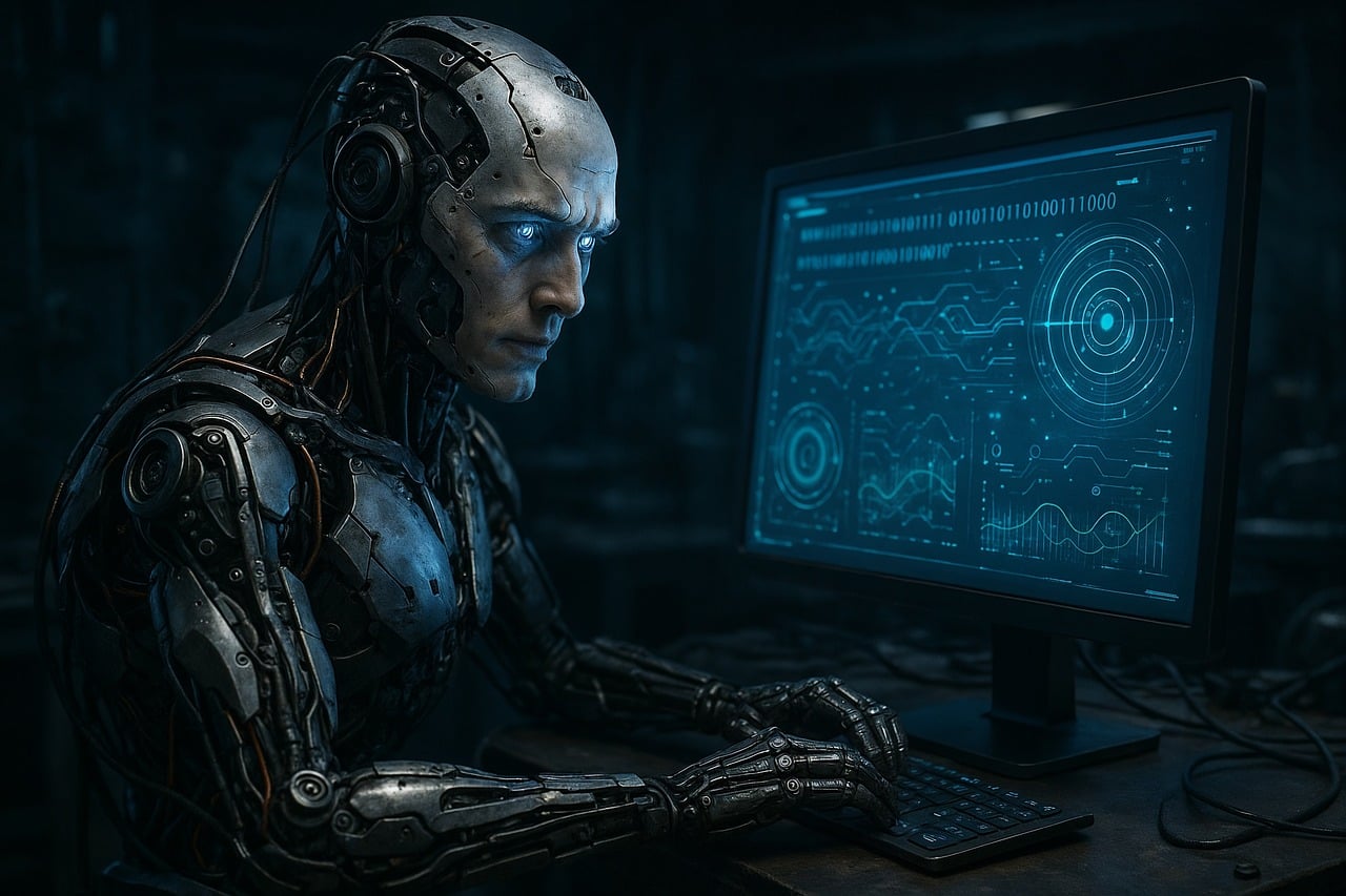 コードが表示された画面の前で思考を巡らせるプログラマーの様子