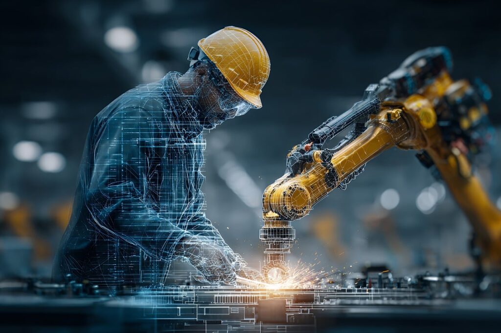 安全に管理された産業用ロボットアームの動作イメージ